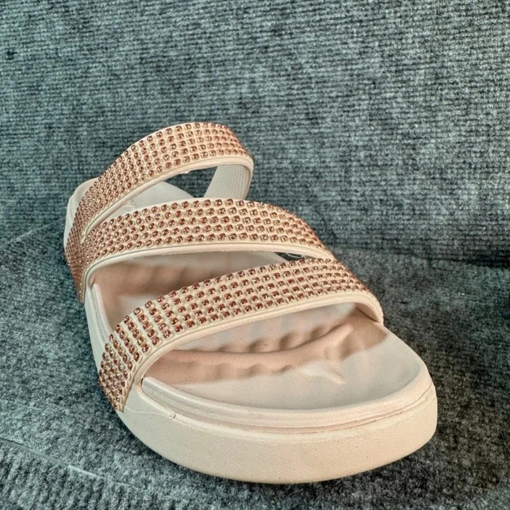 Crocs Brooklyn Strappy Low Wedge Sandals Rhinestone Blush Pink Nude Womens 9